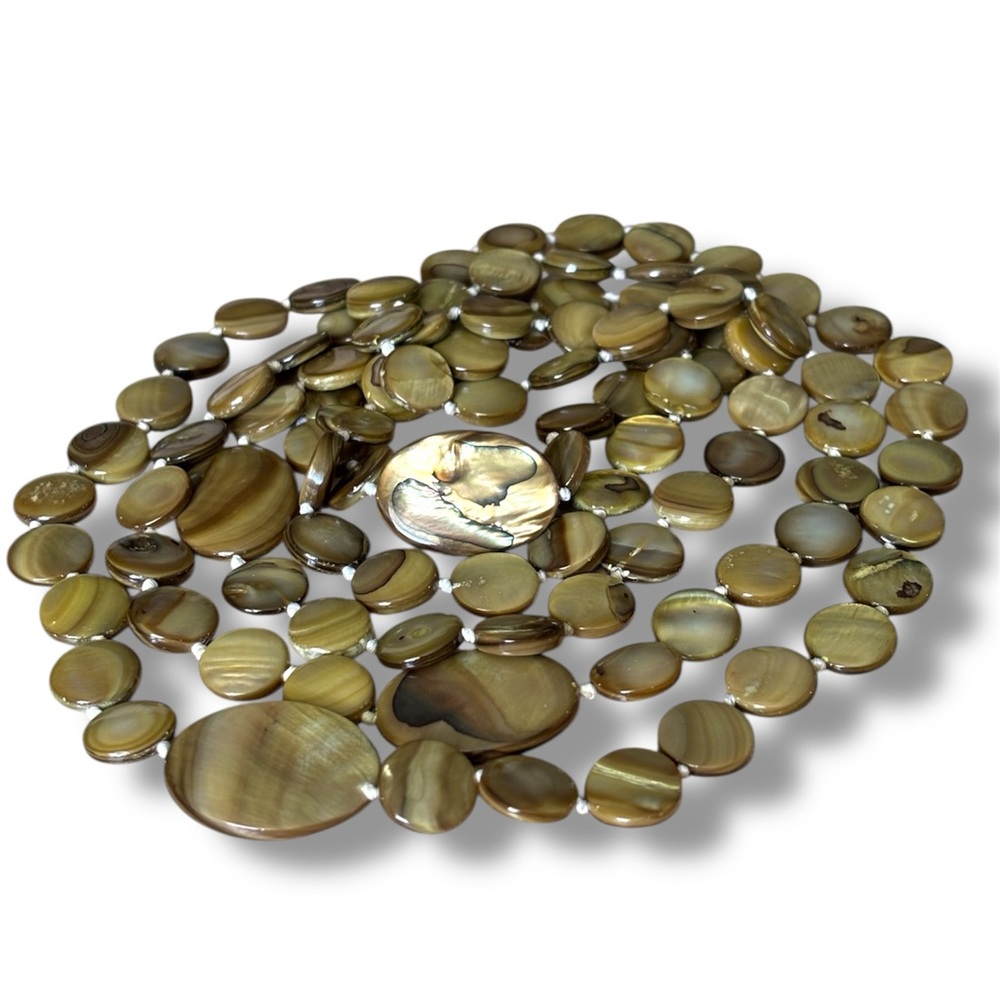 Olive Green Mother of Pearl Shell Disc Necklace – Long Strand Natural Bohemian